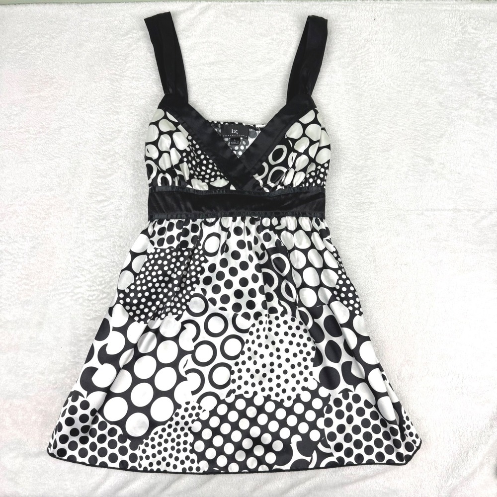 iZ Byer Y2K California Polka Dot Empire Waist Satin Tie Top Black White Large